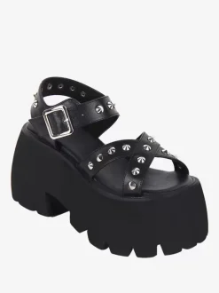 Gothic Lolita Sandals Metal Details Peep Toe Metallic PU Leather Black Lolita Summer Shoes