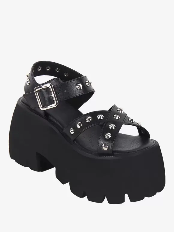 Gothic Lolita Sandals Metal Details Peep Toe Metallic PU Leather Black Lolita Summer Shoes