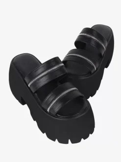 Gothic Lolita Sandals Metal Details Peep Toe Metallic PU Leather Black Lolita Summer Shoes