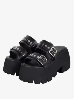 Gothic Lolita Sandals Metal Details Peep Toe Metallic PU Leather Black Lolita Summer Shoes