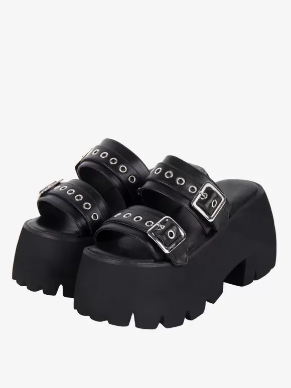 Gothic Lolita Sandals Metal Details Peep Toe Metallic PU Leather Black Lolita Summer Shoes