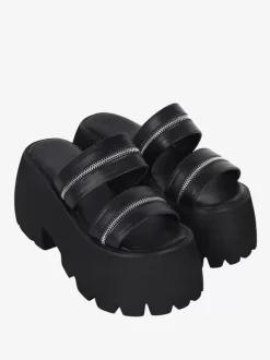 Gothic Lolita Sandals Metal Details Peep Toe Metallic PU Leather Black Lolita Summer Shoes