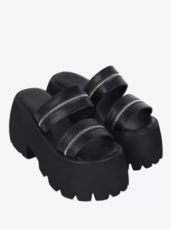 Gothic Lolita Sandals Metal Details Peep Toe Metallic PU Leather Black Lolita Summer Shoes