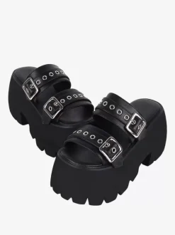 Gothic Lolita Sandals Metal Details Peep Toe Metallic PU Leather Black Lolita Summer Shoes