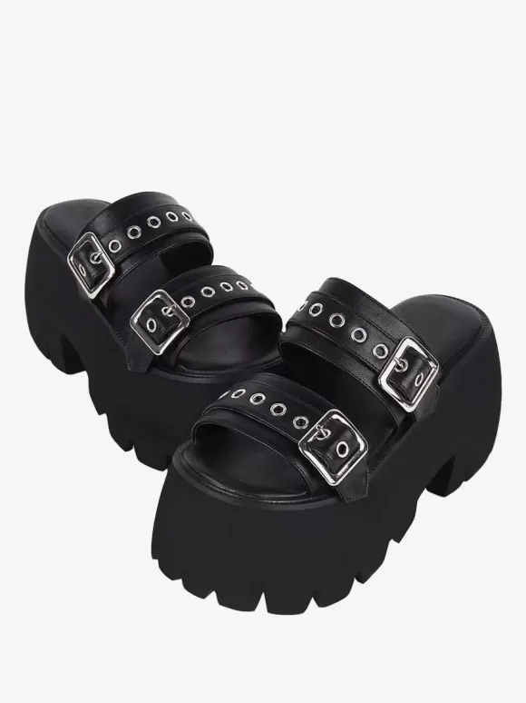 Gothic Lolita Sandals Metal Details Peep Toe Metallic PU Leather Black Lolita Summer Shoes