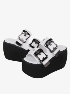 Gothic Lolita Sandals Metal Details Peep Toe Metallic PU Leather White Lolita Summer Shoes