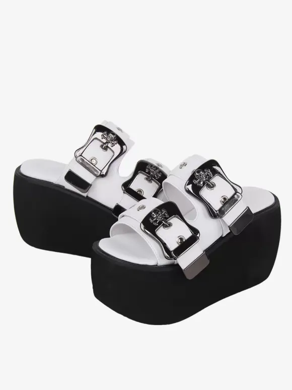 Gothic Lolita Sandals Metal Details Peep Toe Metallic PU Leather White Lolita Summer Shoes