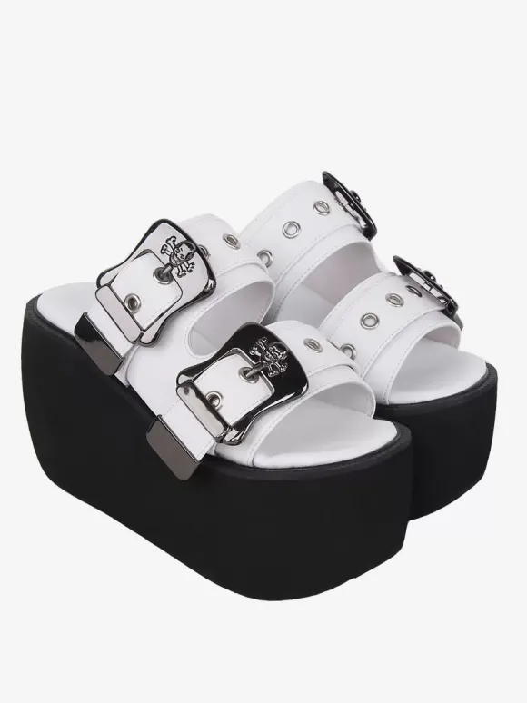 Gothic Lolita Sandals Metal Details Peep Toe Metallic PU Leather White Lolita Summer Shoes