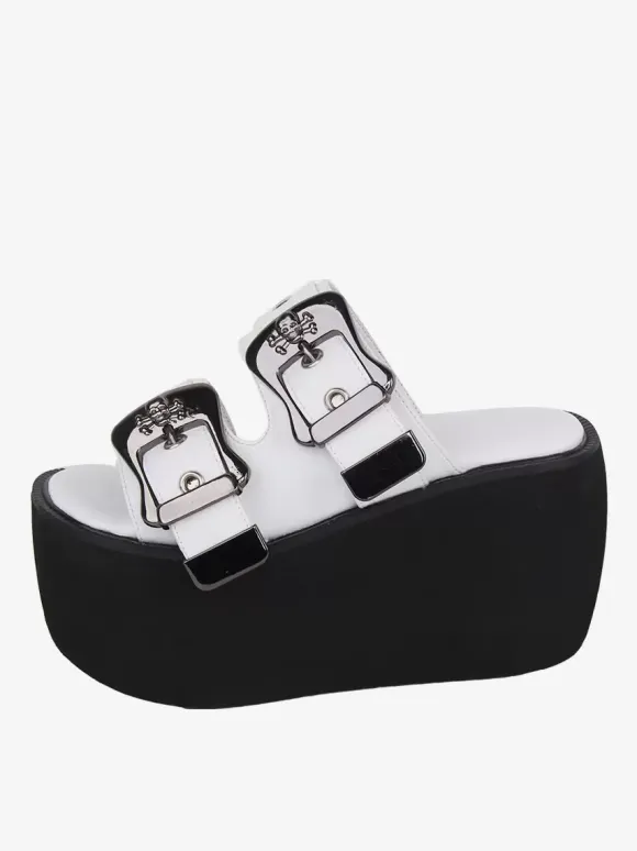 Gothic Lolita Sandals Metal Details Peep Toe Metallic PU Leather White Lolita Summer Shoes