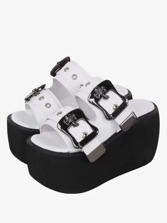 Gothic Lolita Sandals Metal Details Peep Toe Metallic PU Leather White Lolita Summer Shoes