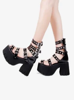 Gothic Lolita Sandals Peep Toe Patent PU Upper Black Lolita Summer Shoes