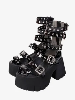 Gothic Lolita Sandals Peep Toe Patent PU Upper Black Lolita Summer Shoes