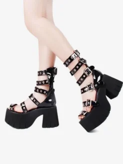 Gothic Lolita Sandals Peep Toe Patent PU Upper Black Lolita Summer Shoes