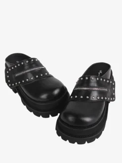 Gothic Lolita Sandals Rivets Round Toe PU Leather Black Lolita Summer Shoes