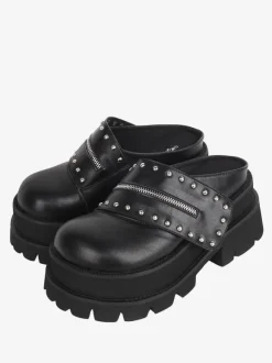 Gothic Lolita Sandals Rivets Round Toe PU Leather Black Lolita Summer Shoes