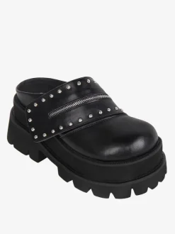 Gothic Lolita Sandals Rivets Round Toe PU Leather Black Lolita Summer Shoes