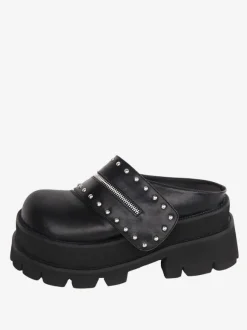 Gothic Lolita Sandals Rivets Round Toe PU Leather Black Lolita Summer Shoes