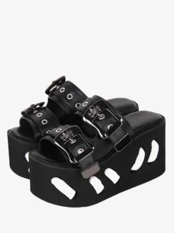 Gothic Lolita Sandals Round Toe PU Leather Black Lolita Summer Shoes