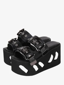 Gothic Lolita Sandals Round Toe PU Leather Black Lolita Summer Shoes