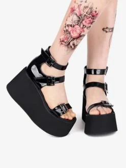 Gothic Lolita Sandals Round Toe Patent PU Upper Black Lolita Summer Shoes