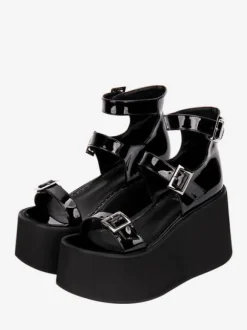 Gothic Lolita Sandals Round Toe Patent PU Upper Black Lolita Summer Shoes