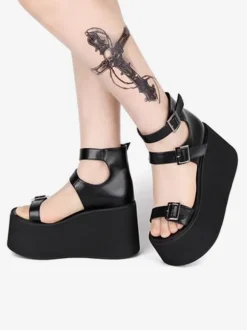 Gothic Lolita Sandals Round Toe Patent PU Upper Black Lolita Summer Shoes