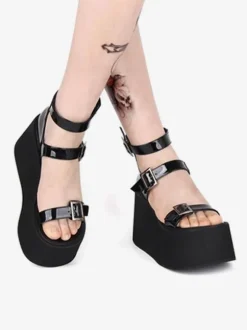 Gothic Lolita Sandals Round Toe Patent PU Upper Black Lolita Summer Shoes