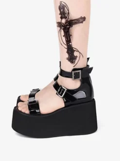 Gothic Lolita Sandals Round Toe Patent PU Upper Black Lolita Summer Shoes