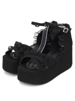 Gothic Lolita Sandals Ruffle Ankle Strap Platform Wedge Heel Black Lolita Shoes