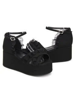 Gothic Lolita Sandals Ruffle Ankle Strap Platform Wedge Heel Black Lolita Shoes