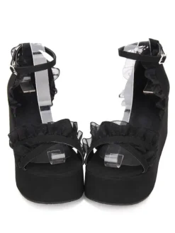 Gothic Lolita Sandals Ruffle Ankle Strap Platform Wedge Heel Black Lolita Shoes