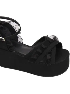 Gothic Lolita Sandals Ruffle Ankle Strap Platform Wedge Heel Black Lolita Shoes