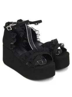 Gothic Lolita Sandals Ruffle Ankle Strap Platform Wedge Heel Black Lolita Shoes