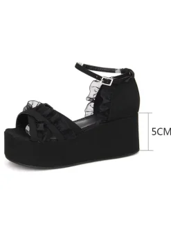 Gothic Lolita Sandals Ruffle Ankle Strap Platform Wedge Heel Black Lolita Shoes