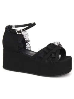 Gothic Lolita Sandals Ruffle Ankle Strap Platform Wedge Heel Black Lolita Shoes