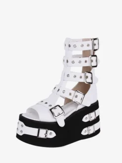 Gothic Lolita Sandals White PU Leather Round Toe Lolita Summer Shoes
