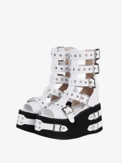Gothic Lolita Sandals White PU Leather Round Toe Lolita Summer Shoes