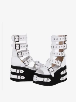 Gothic Lolita Sandals White PU Leather Round Toe Lolita Summer Shoes