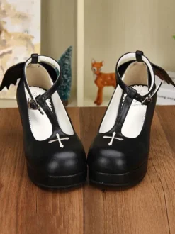 Gothic Lolita Shoes Black Platform Crux T-Strap Lolita Shoes With Evil Wing