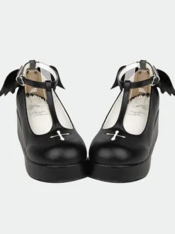 Gothic Lolita Shoes Black Platform Crux T-Strap Lolita Shoes With Evil Wing