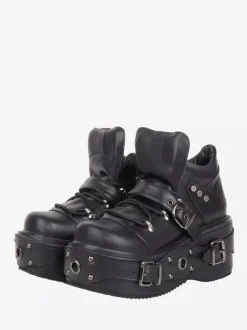 Gothic Lolita Shoes Black Bukle Platform Grommets PU Leather Lolita Shoes
