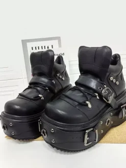 Gothic Lolita Shoes Black Bukle Platform Grommets PU Leather Lolita Shoes