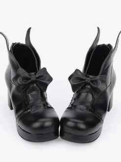 Gothic Lolita Shoes Bow Platform Chunky Heel Black Lolita Pumps