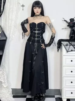 Gothic Lolita SK Black Metal Details Lace Up Lolita Skirts