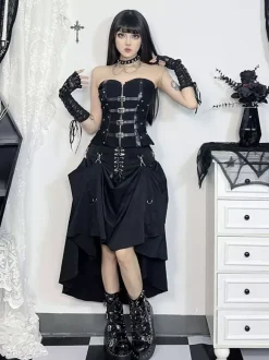 Gothic Lolita SK Black Metal Details Lace Up Lolita Skirts