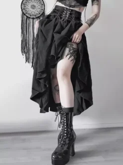 Gothic Lolita SK Black Metal Details Lace Up Lolita Skirts