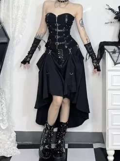 Gothic Lolita SK Black Metal Details Lace Up Lolita Skirts