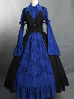 Gothic Lolita SK Color Block Blue Ruffles Lolita Skirts