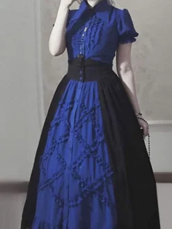Gothic Lolita SK Color Block Blue Ruffles Lolita Skirts