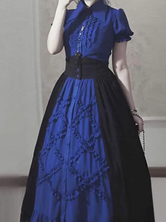 Gothic Lolita SK Color Block Blue Ruffles Lolita Skirts